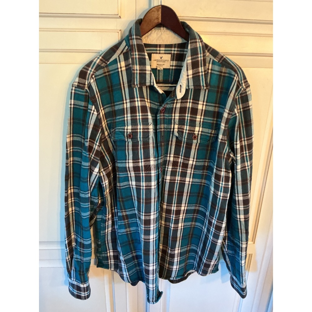 American Eagle Seriously Soft Flannel Shirt Mens XL Teal Brown Plaid Classic Fit